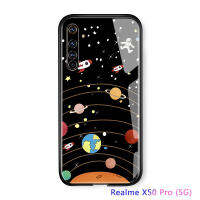 UCUCเคสมือถือ เคสโทรศัพท์ เคส Realme X50 Pro 5 กรัมโทรศัพท์กรณีการ์ตูนสำหรับสาวๆดวงจันทร์อาทิตย์อวกาศดาวเคราะห์Galaxyเคลือบเงากระจกนิรภัยกรณีปก