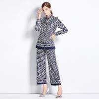 Women Two-Piece Set Versatile Slimming Shirt with Loose Positioning Printing Width Blouse and Pants