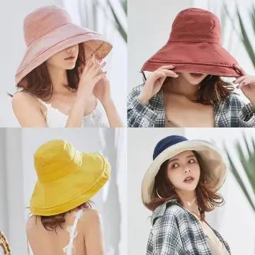 Women Summer Beach Sun Hat Reversible Daisy Embroidered Wide Brim