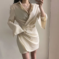 Spot parcel post2021 Cross-Border Early Autumn New Long Sleeve Shirt Dress Sexy Deep V Kinked Irregular Skirt