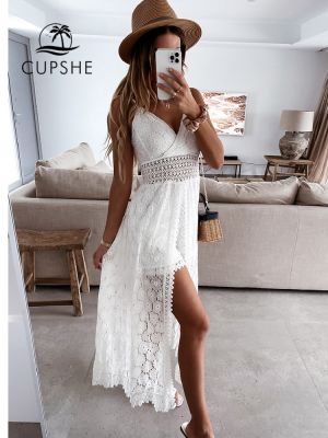 Hot sell CUPSHE V-neck Thin Straps Jumpsuit For Woman White Sexy Smocking Beach Kaftan Maxi Slip Dress Cover Up 2023 Summer Beachwear