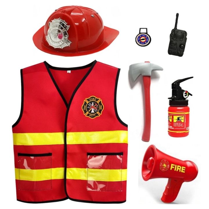 Boys Girls Firefighter Costume Fireman Uniform Kids Halloween Carnival  Outfit