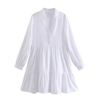 TRAF Women Chic Fashion Ruffled Hem White Mini Dress Vintage Long Sleeve Button-up Female Dresses Vestidos Mujer