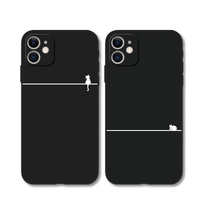 Simple Line Cat Cute Cartoon for IPhone 13 14 Pro Max 12 mini 11 Pro Xs Max Xr SE2 6S 7 8 Plus X Case Lovely Black Cover