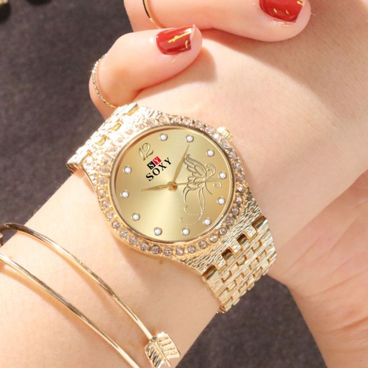 soxy-นาฬิกาข้อมือควอตซ์สายสแตนเลสสำหรับผู้หญิง