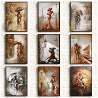 Romantic Golden Couple With Umbrella City Landscape Wonderful Lover Poster Canvas Painting Wall Art Pictures Home Decoration Wall Décor