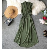 【Ladies shop】 WomenChiffon2020มาใหม่เซ็กซี่คอ V พรรคแขนกุด DressesSolid BasicElegant Vestidos