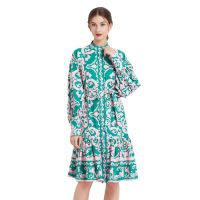 Women Dress Spot Real  Elegant Long Sleeve  Vintage Printed Midi Dress