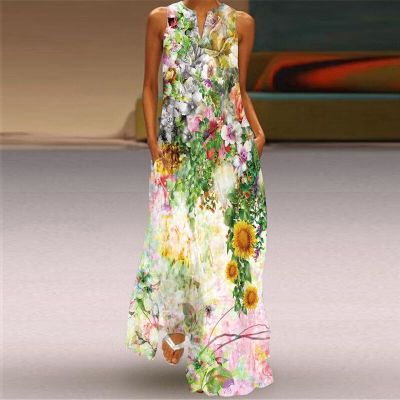 Ladies Spring Summer Elegant Dress Women Long Loose Sleeveless V-neck Casual Beach Dresses Woman Floral Print Womens Dress 2023