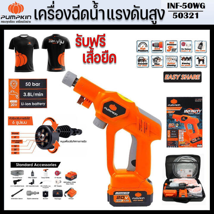 เครื่องฉีดน้ำไร้สาย-ปืนฉีดน้ำไร้สาย-แรงดันสูง-20v-pumpkin-รุ่นใหม่-35บาร์-inf-35wg-50319-50บาร์-inf-50wg-50321-มี-2-รุ่นให้เลือก-ประกันศูนย์-ส่งไว