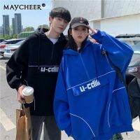 MAYCHEER เสื้อสเวตเชิ้ตสำหรับผู้ชายดีไซน์ให้สัมผัสแจ็คเก็ตมีหมวกแบบมีซิปครึ่งหนึ่งทรงหลวมเสื้อลำลอง