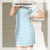 HUAYANG01 [2023 new HOT FASHION] lazlook เดรสมินิเดรสลำลองแขนสั้นพิมพ์ลายทางสำหรับผู้หญิงฤดูร้อน