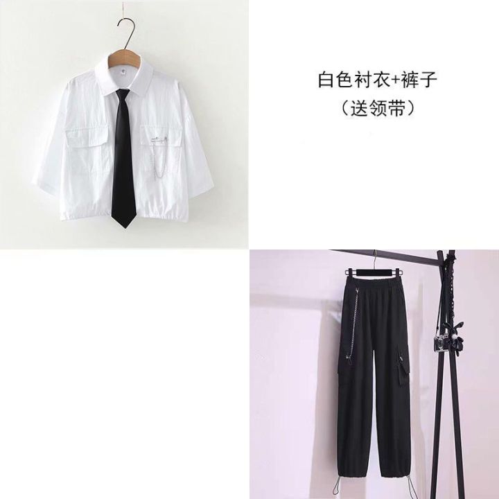 2023-new-summer-korean-version-of-the-students-students-loose-short-sleeved-shirt-high-waisted-handsome-bib-set