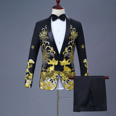✺ hnf531 Luxury Gold Embroidery Black Suit Men Party Wedding Suits Men Shawl Collar Tuxedo Suit (Jacket Pants) Stage Host Singer Clothes