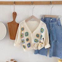 Spring Autumn New Children Knitting Cardigan Tops Kid Clothes Girl Baby Flower Hollow Out Long Sleeve Sweater Infant Casual Coat