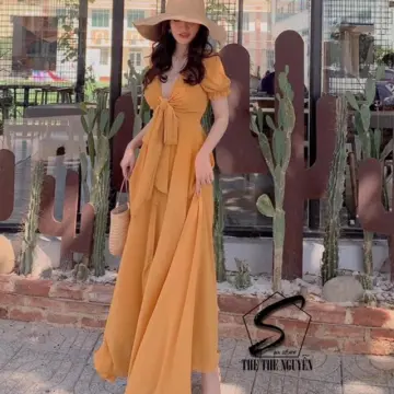 Ảnh thật] Váy 2 dây maxi đi biển, màu vàng, dáng xòe - S/M/L | Shopee Việt  Nam