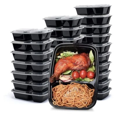 20Pcs Disposable Lunch Boxes Two Grid 1000ml Microwave Heating Takeaway Plastic Fast Food Fruit Salad Boxs With Lid