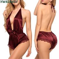 Women Sexy Dress Lace Satin Lingerie Smooth Silk-like Nightwear Sleepwear Set Nighties for Women Night Dress Wear Deep V-Neck Ni