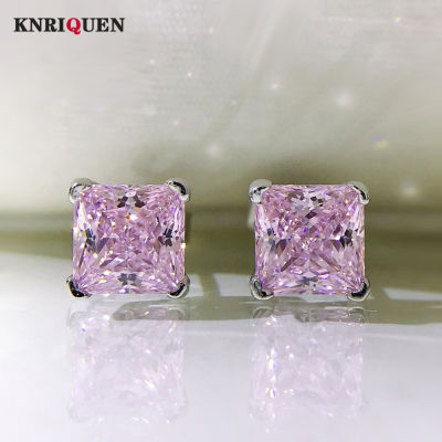 2021 Trend 100 925 Sterling Silver 6*6 Pink Quartz High Carbon Diamond Gemstone Stud Earrings for Women Wedding Fine Jewelry