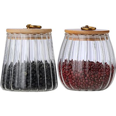 2Pcs Bamboo Lid Metal Pull Ring Airtight Jar Transparent Household Glass Multigrain Storage Jar Storage Bottle