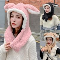 Sweet Cartoon Movable Rabbit Ear Hat Cute Winter Gift Windproof Scarf Cute Winter Thick Hoodies Scarf for s Kids