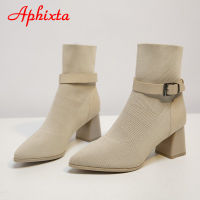 Aphixta  New Sock Boots Women Square Heel Solid Casual Women Ankle Boots 6cm Stretch Fabrics Buckle Lady Footwear