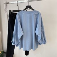 Spot parcel post Design Sense Niche Shirt Womens Loose 2023 New Top Idle Style Bow Blue Long Sleeved Cotton Shirt