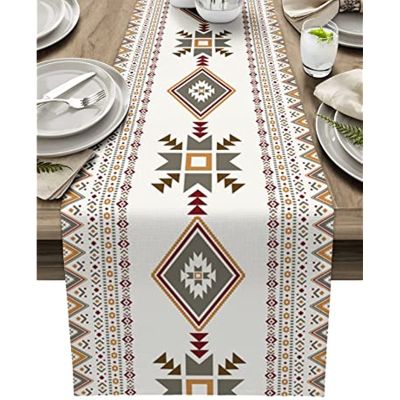 Western Boho Beige Grey Linen Table Runner Wedding Party Decorations Geometric Table Runner for Dining Table Kitchen Decor