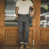 【YD】 Maden Stripped Denim Jeans Gray Color Straight Pants Twill Tapered Trousers Men’s Amekaji Wear Fashion