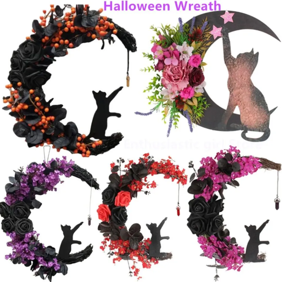 LINSP Hoa Hồng Goth Vòng hoa Halloween Hình trăng Mèo Đồ trang trí ...