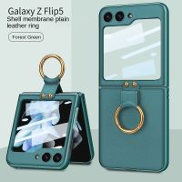 Electroplated Plain Leather Ring Phone Case For Samsung Galaxy Z Flip 5 Flip5  5G Shockproof  Hard Shell Cover