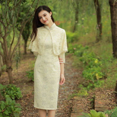 2021 Early Cheongsam Cloak Two-Piece Composite Lace Mid-Length Cheongsam Dress วรรณกรรมและสาธารณรัฐจีนสไตล์