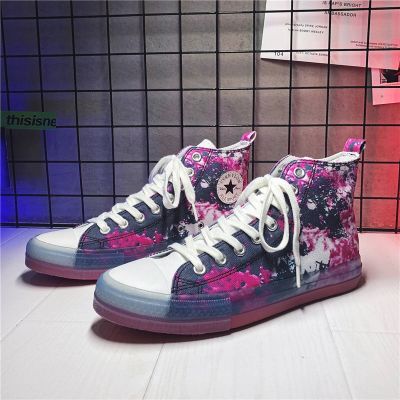 ☊✗☏  Cool bang canvas shoes male high end of the new 2022 jelly help tide students graffiti hand-painted leisure mens shoes