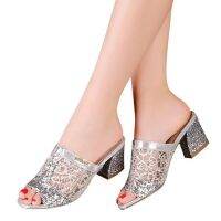 Pick Up ShopGlitter Mesh Sandals Fashion Peep Toe Slippers Thick Heel Shoes Big Size 43