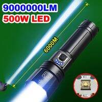 9000000LM ไฟฉาย LED ที่มีประสิทธิภาพมากที่สุด 500 วัตต์ USB ไฟฉายแบบชาร์จไฟได้ 6000 เมตร XHP360 ไฟฉายพลังงานสูงแสงยุทธวิธี