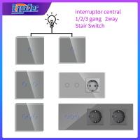 Bingoelec Grey Stair Switch 1Gang 2Gang 3Gang 2way Switch with EU Socket Power Socket Glass Panel Wall Touch Light Switches