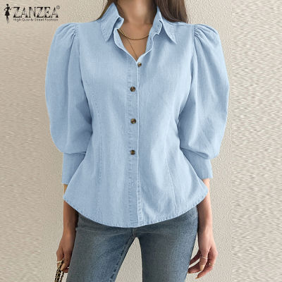 (สินค้ามาใหม่)(จัดส่งฟรี)Fancystyle ZANZEA เสื้อหน้ากระดุมแบบสไตล์เกาหลีของผู้หญิงเสื้อทำงานแฟชั่นเสื้อทำงานแขนพัฟเสื้อยีนส์ #10