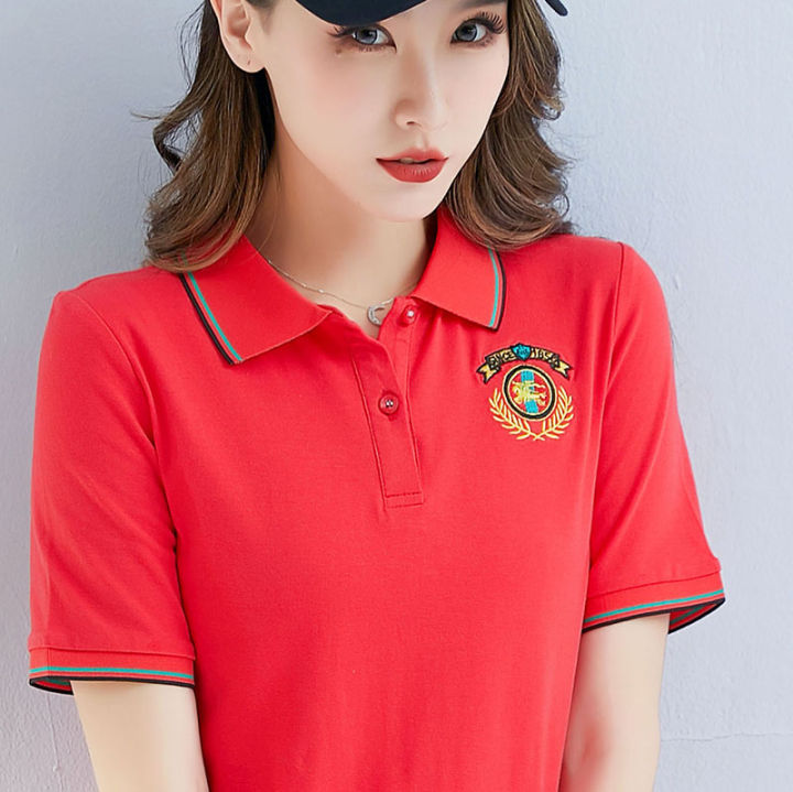 เสื้อโปโลผ้าฝ้ายผู้หญิงแขนสั้นโอเวอร์ไซซ์สไตล์เกาหลี-เสื้อยืดคอโปโลหลวมตั้งปกผ้าฝ้ายยืดได้เสื้อสตรีคอปกหรูหรา100