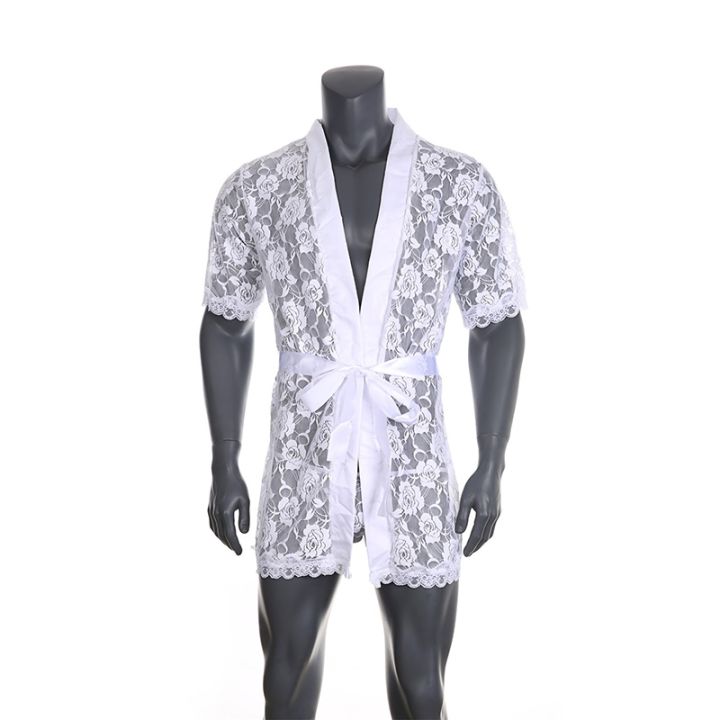 xiaoli-clothing-เสื้อคลุมอาบน้ำลูกไม้ชุดนอนแขนยาวเซ็กซี่สำหรับผู้ชาย-ชุดนอนชุดเซ็กซี่เสื้อใส่อยู่บ้านชายทรงหลวม-baju-tidur-kimono-ชุดอาบน้ำ