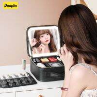 Donglin กระเป๋าเครื่องสำอางไฟ LED พร้อมกระจกกล่องเก็บเครื่องประดับ Mirror Cosmetic Case หรูหรา PU กระเป๋าแต่งหน้าเดินทางพกพาความจุขนาดใหญ่