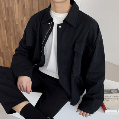 Korean Menswear Fashion Workwear Green Jacket Mens Spring 2022 New Loose Lapel Zipper Long Sleeve Solid Color Coat Male