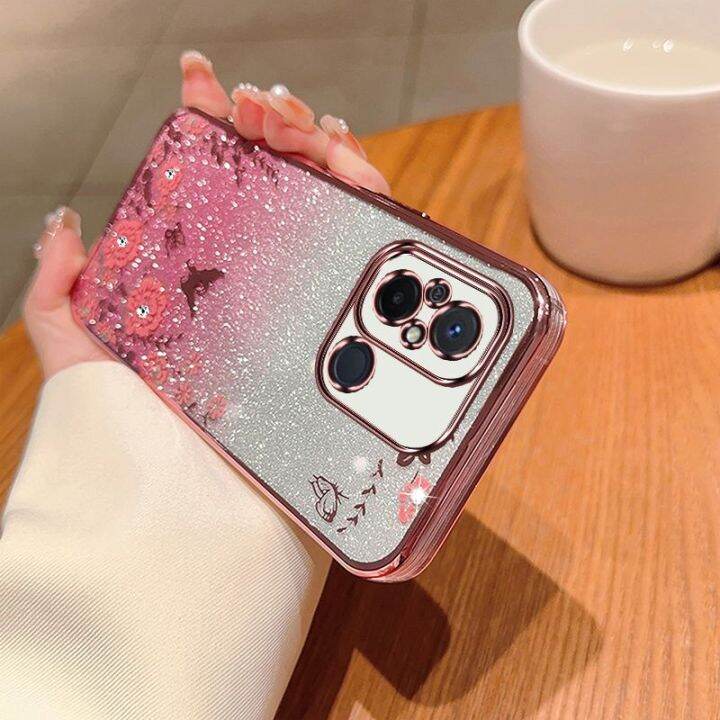 เคสกากเพชรสำหรับเรดมี่12c-12-10c-10a-9c-4g-redmi12-redmi12c-โทรศัพท์ซิลิโคน-tpu-ยืดหยุ่นฝาหลังอ่อนนุ่มเคสกันกระแทกมือถือแวววาวปกป้องผิวชุบลายดอกไม้ไล่ระดับสี