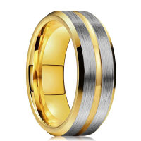 Trendy 8mm Gold Groove Beveled Edge Black Tungsten Wedding Rings For Men Black Brushed Steel Engagement Ring Mens Wedding Band