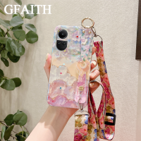 GFAITH เคสลายดอกซากุระ OPPO Reno 10 / Reno 10 Pro/ Reno10 Pro + เคสใส่ฝาปิดมีสายรัดข้อมือเพ้นท์สีนิ่มลายดอกไม้ + สายคล้อง OPPO Reno 10 Pro 5G