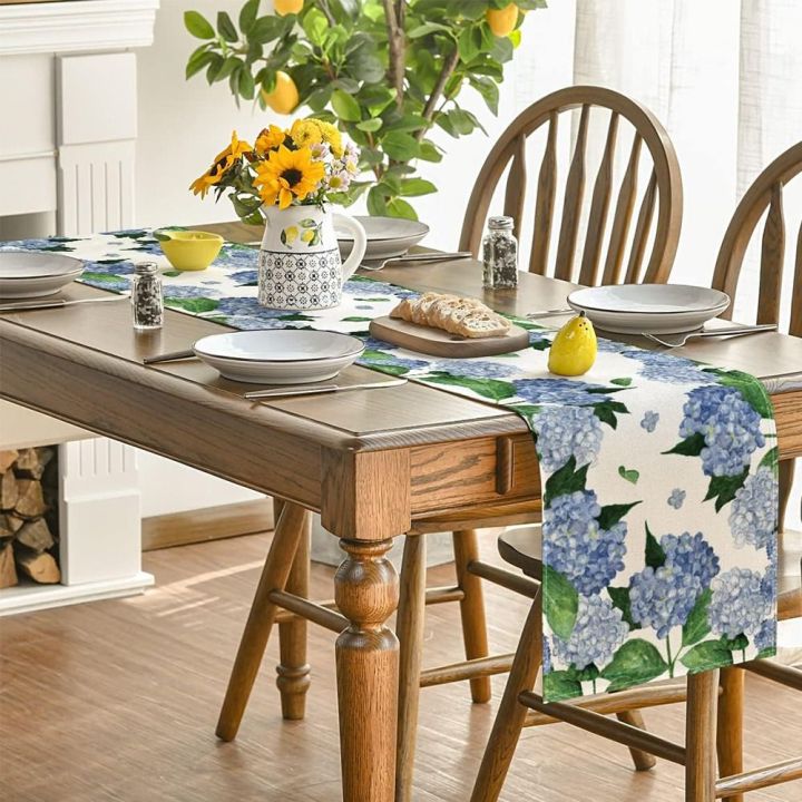 oak-2-pcs-โพลีเอสเตอร์-ผ้าปูโต๊ะไฮเดนเยียร์-กันลื่น-13x72นิ้ว-chinoiserie-decor-table-runner-ของใหม่-กันความร้อน-ผ้าปูโต๊ะลายดอกไม้-ในร่มกลางแจ้ง