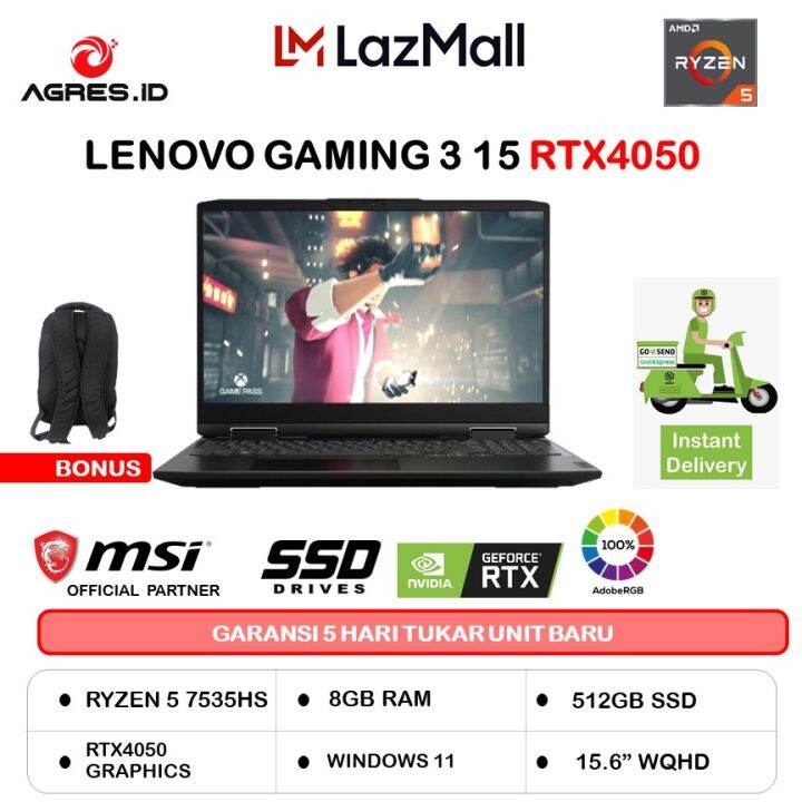 Laptop Lenovo Gaming 3 15 Rtx4050 6gb Amd Ryzen 5 7535hs Ram 8gb 512ssd Win 11free Office Ohs 3099