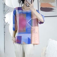 ☑✺♛ Aiden001 Average Size High Elastic Ironing-Free Summer Pleated Print Loose Half-Sleeved Ladies Top Slim Hot Diamond T-Shirt 91983