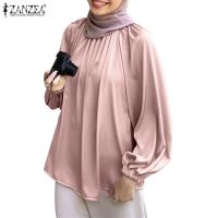 COD dhdfxcz ZANZEA Women Muslim Daily Sleeve Rubber Band Raglan Sleeve Satin Casual Loose Top Blouses