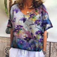 Summer Womens T-shirt Flower Print Short Sleeve Gradient Pattern Retro Womens Top V-neck 3D T-shirt Fashion Womens Clothing