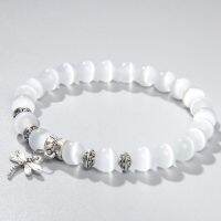 8mm white Cat Eye stone Beads Bracelet with Lucky dragonfly Dog claw butterfly Pendant Charms Strand Bracelets For Women female